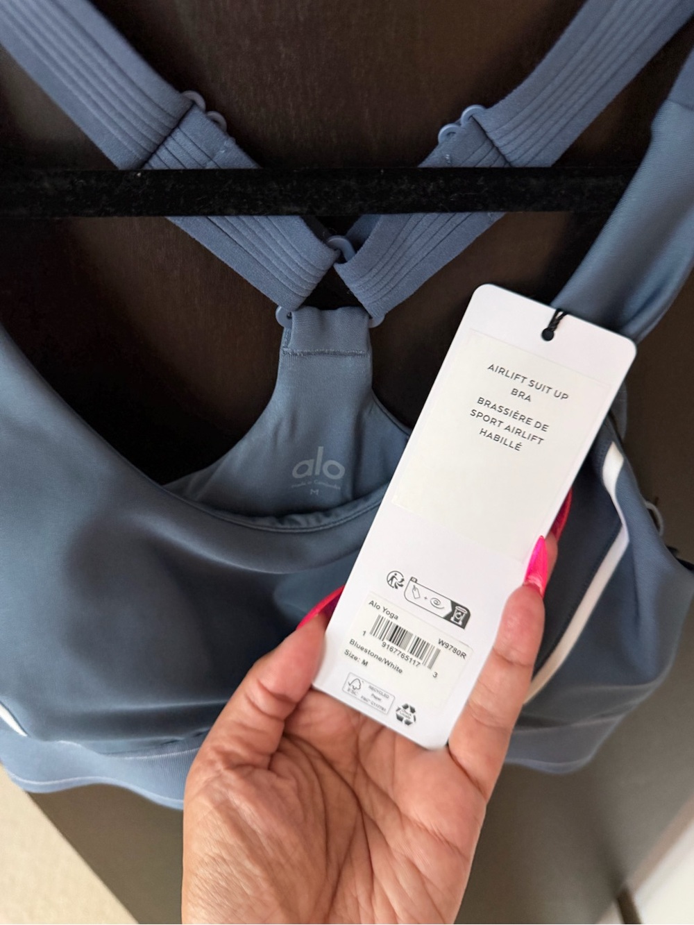 ALO Yoga Airlift Suit Up Sports Bra Bluestone with White Trim - Picture 3 of 5